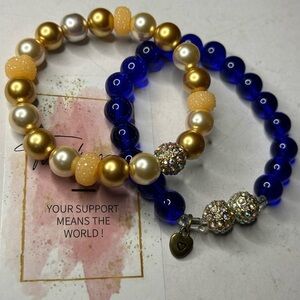 Gold Pearl & Blue Crystal Bracelet Set